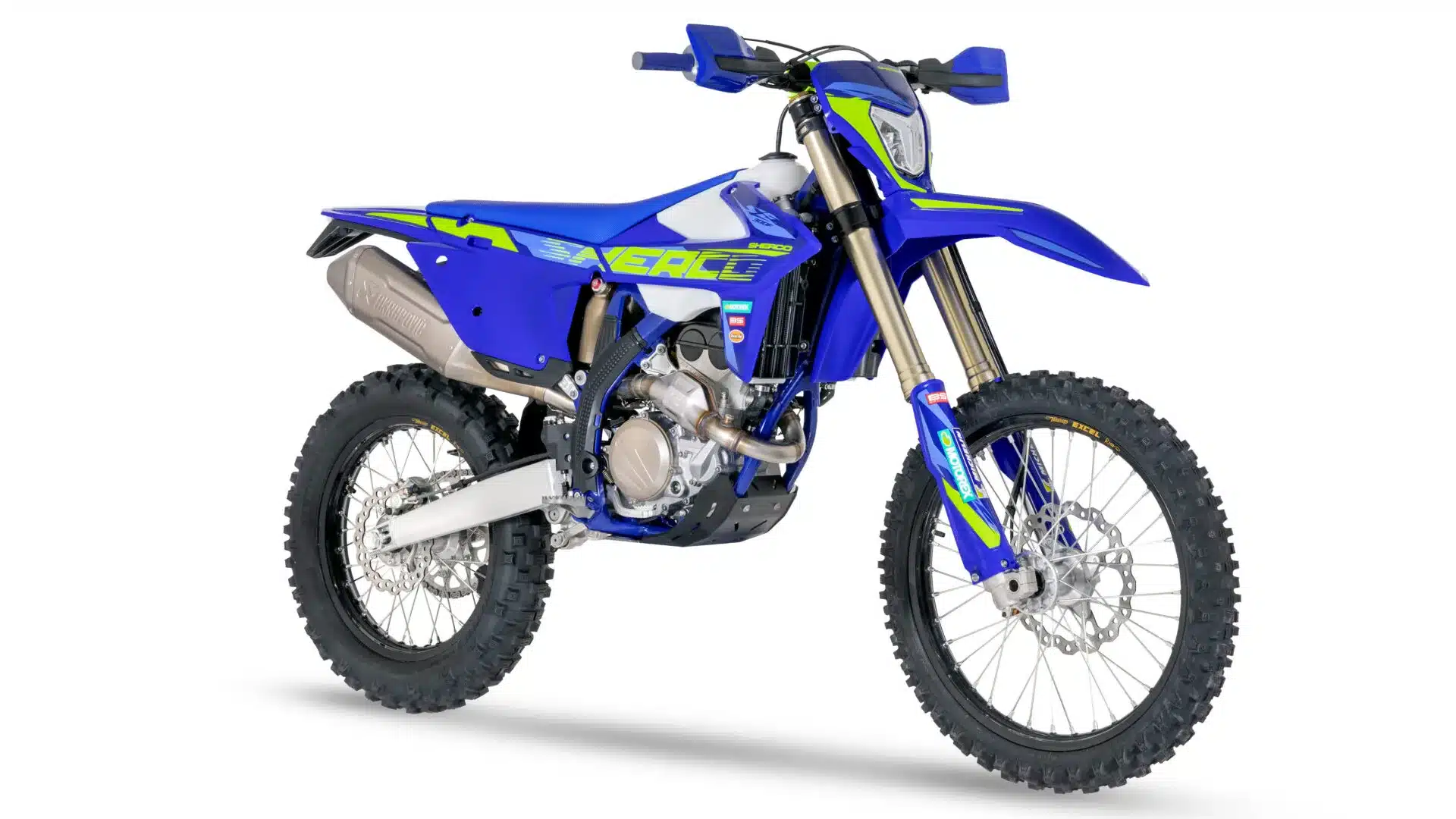 Sherco 300 SEF Factory 2026, Enduro-Motorrad in Blau mit Akrapovič-Schalldämpfer, KYB-Federung und moderner Werksgrafik.