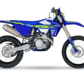 Sherco 450 SEF Factory 2026 Enduro-Motorrad in blau aus der Seitenansicht vor weißem Hintergrund