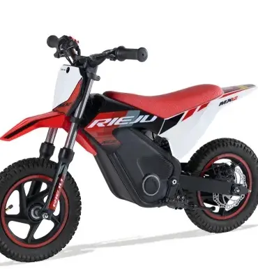 Seitliche Ansicht des Rieju MX12 250W Elektromotorrads für Kinder mit Stollenreifen und roten Akzenten.