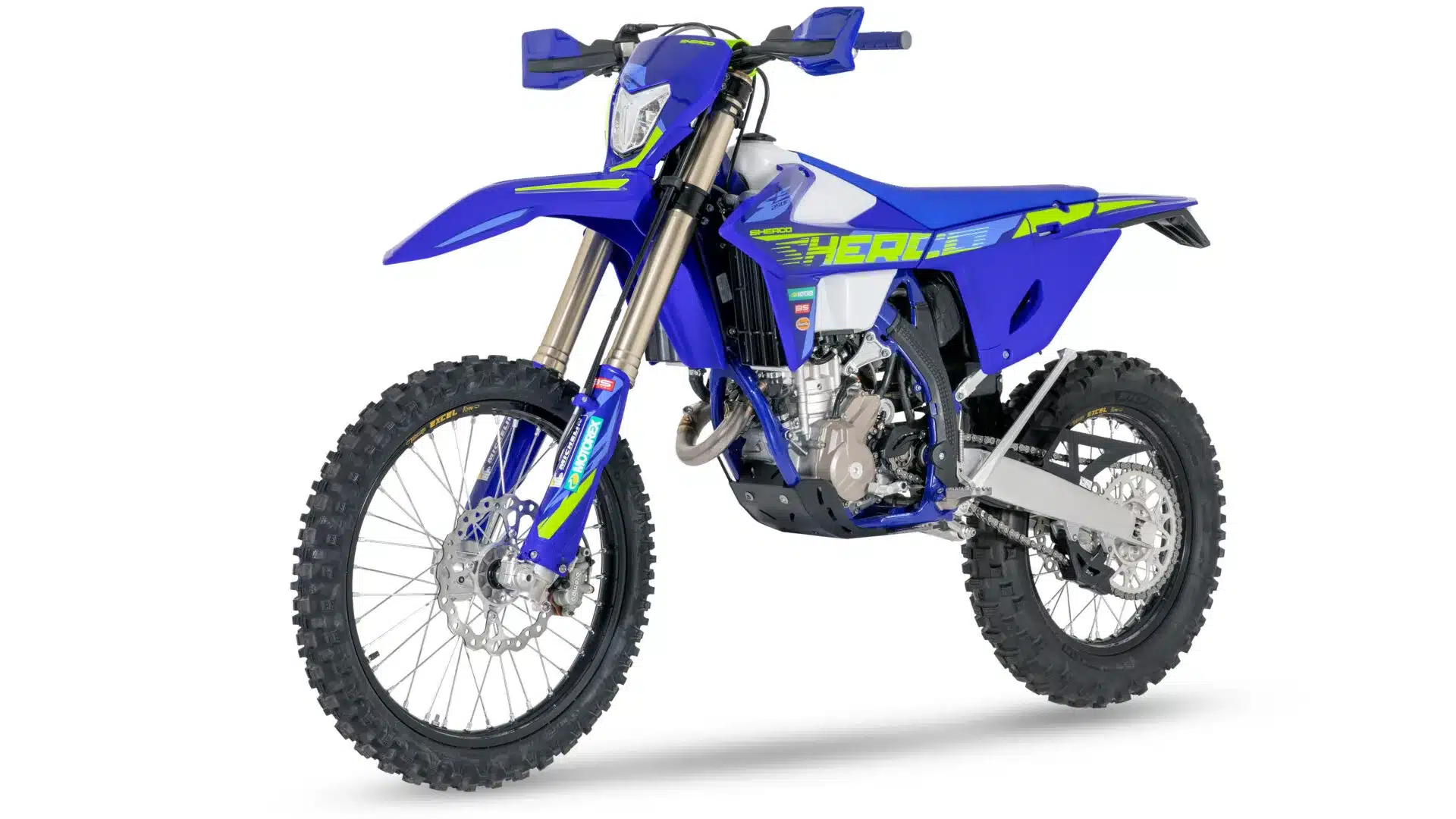 Sherco 250 SEF Factory 2026 in Seitenansicht mit blauem Racing-Dekor und Offroad-Ausstattung