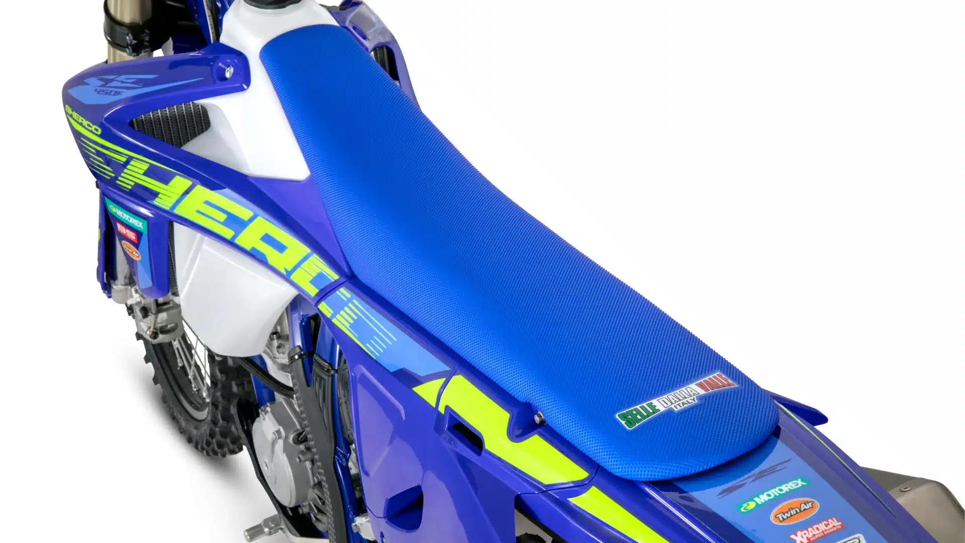 Detailfoto der Sitzbank und des Dekors einer Sherco 250 SEF Factory 2026 Enduro