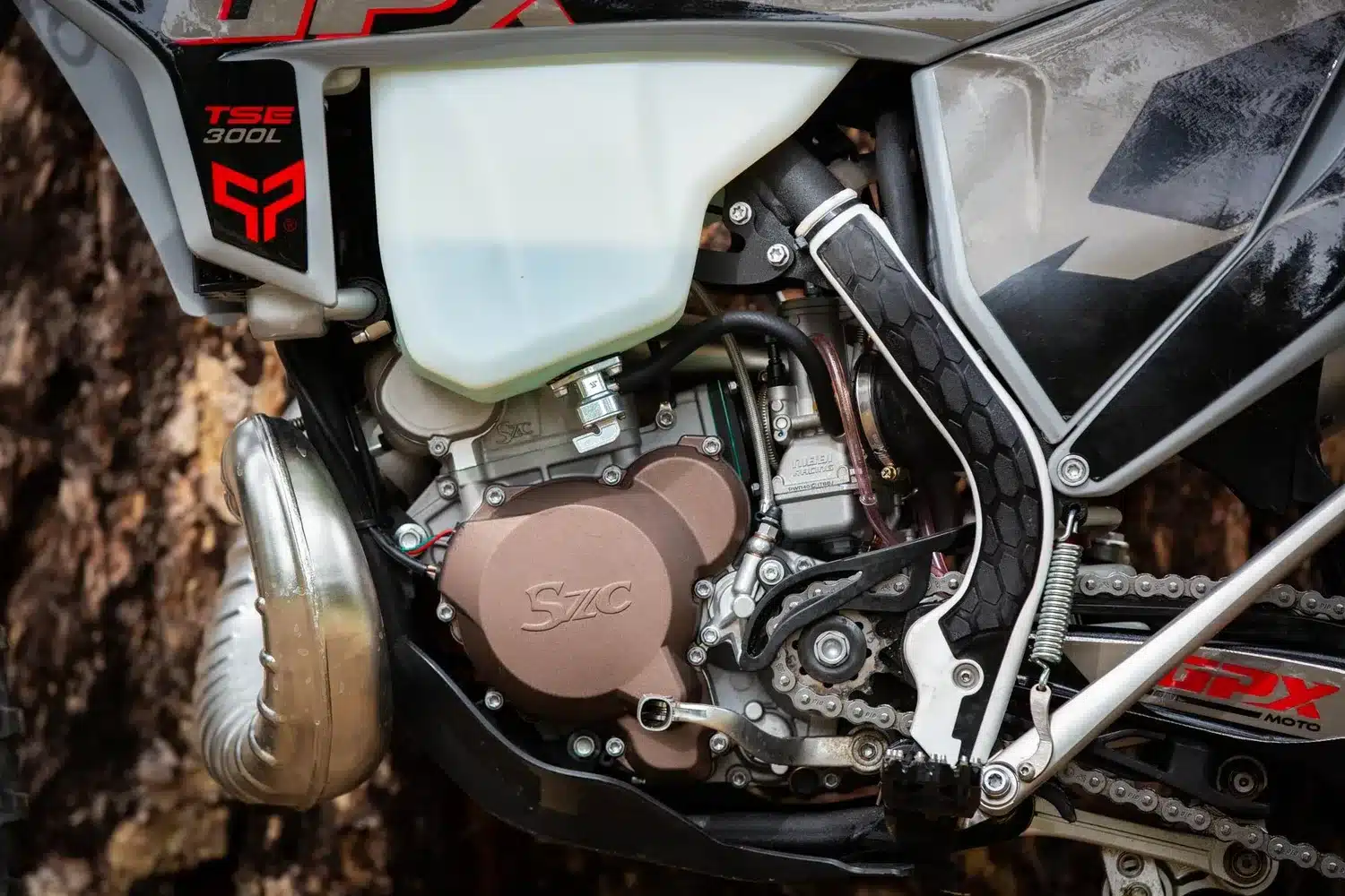 Detailfoto vom Motor der GPX TSE300R Enduro mit Vergaser und Ausgleichswelle