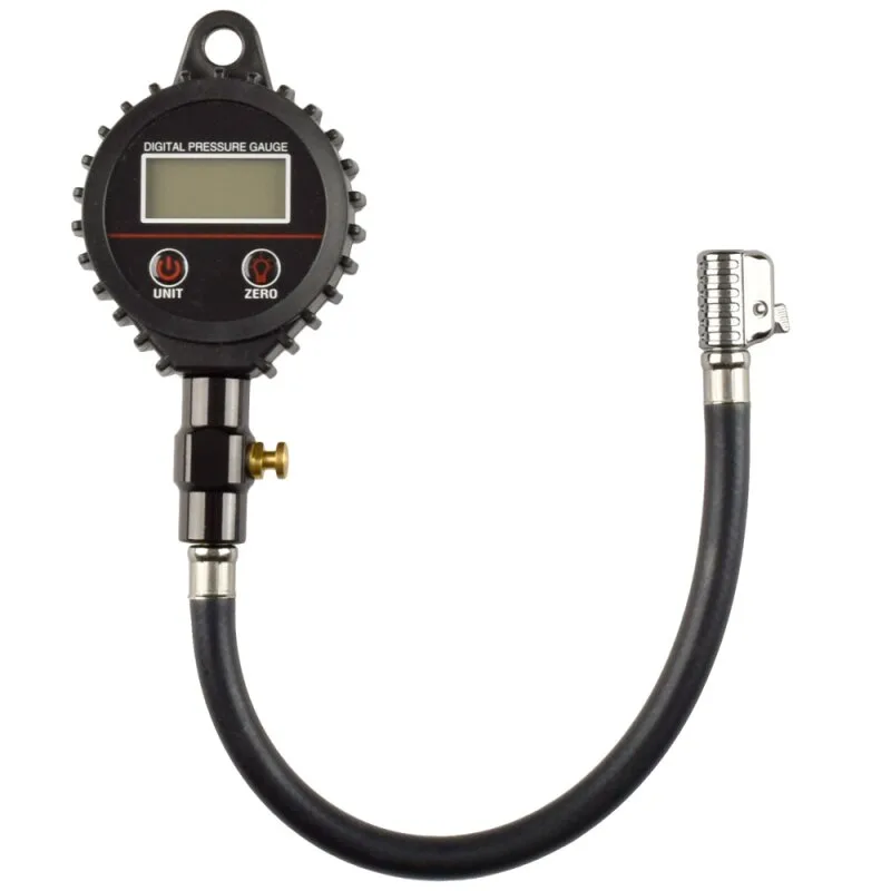 Digitaler Luftdruckprüfer mit LCD-Anzeige und flexiblem Schlauch für präzise Reifendruckmessung bei Motorrädern