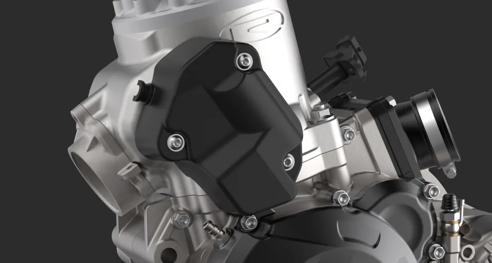 Detailfoto des Einzylinder-Zweitaktmotors der Rieju MR Racing 300 i 2026