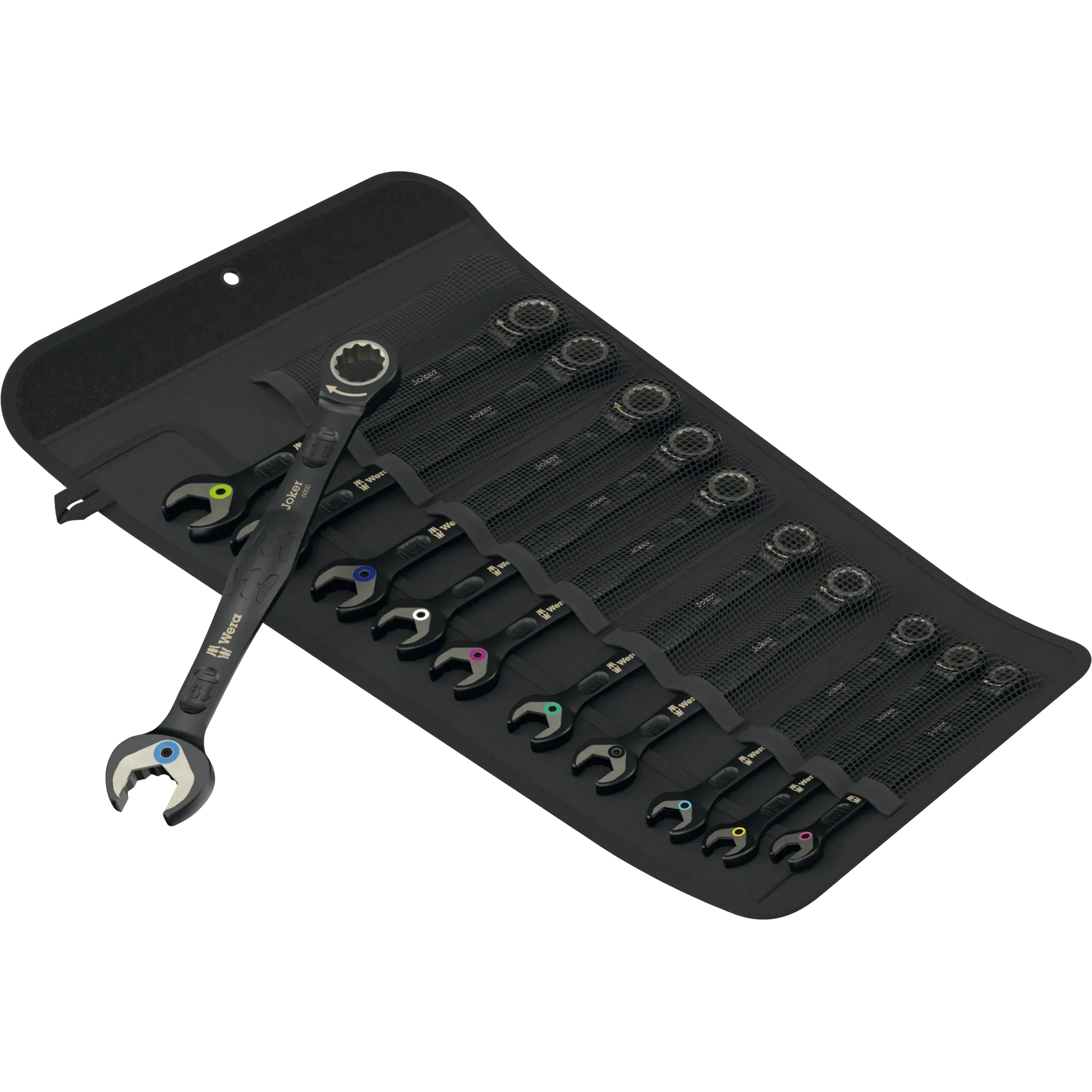 Ringratschen-Maulschlüssel-Set Black Edition ausgebreitet in einer Rolltasche, mit verschiedenen Schlüsselweiten, alle Schlüssel sind mattschwarz mit farbigen Markierungen