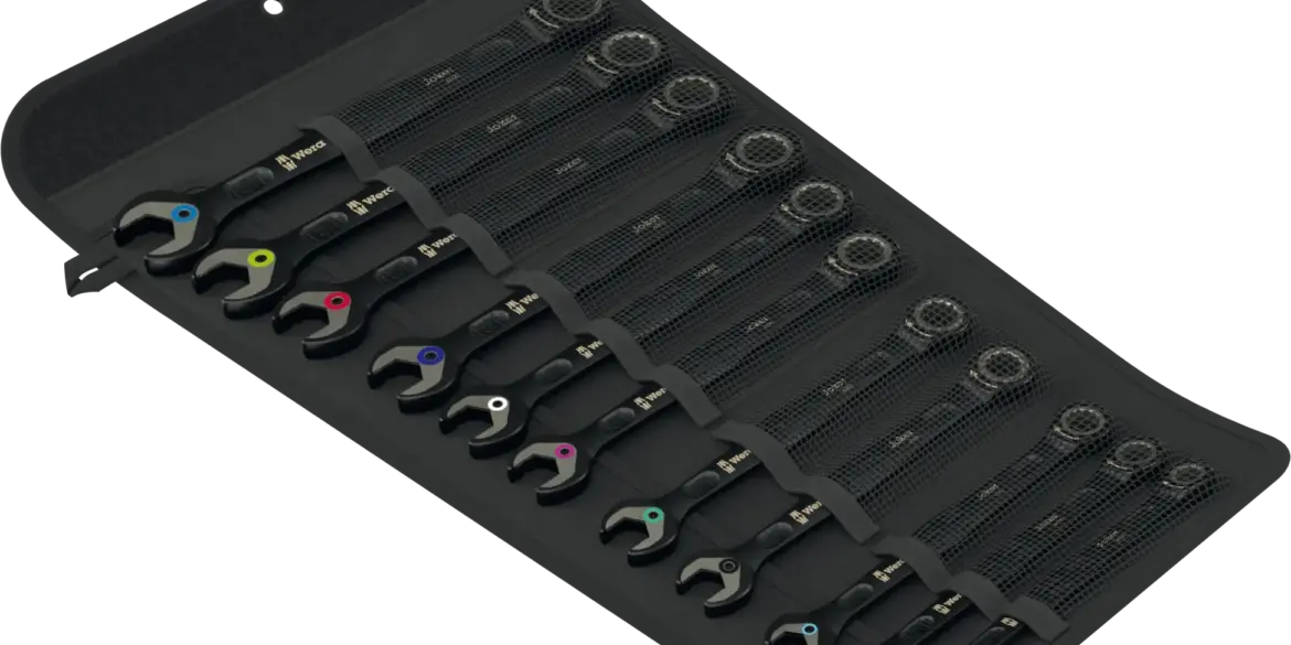 Mattschwarzes Ringratschen-Maulschlüssel-Set Black Edition in Rolltasche, verschiedene Größen