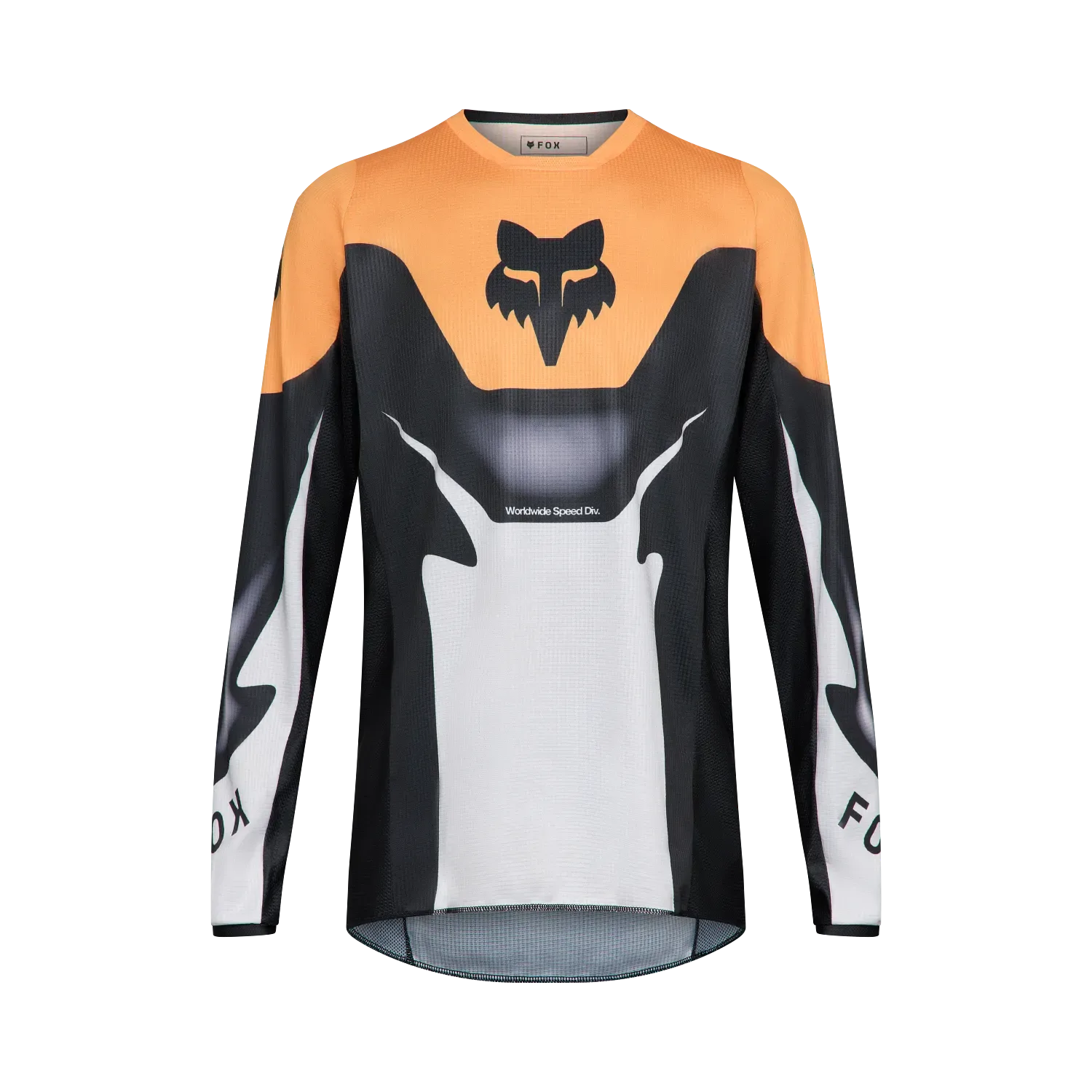 Motocross-Trikot in Schwarz, Weiß und Orange mit Fuchs-Logo auf der Brust.