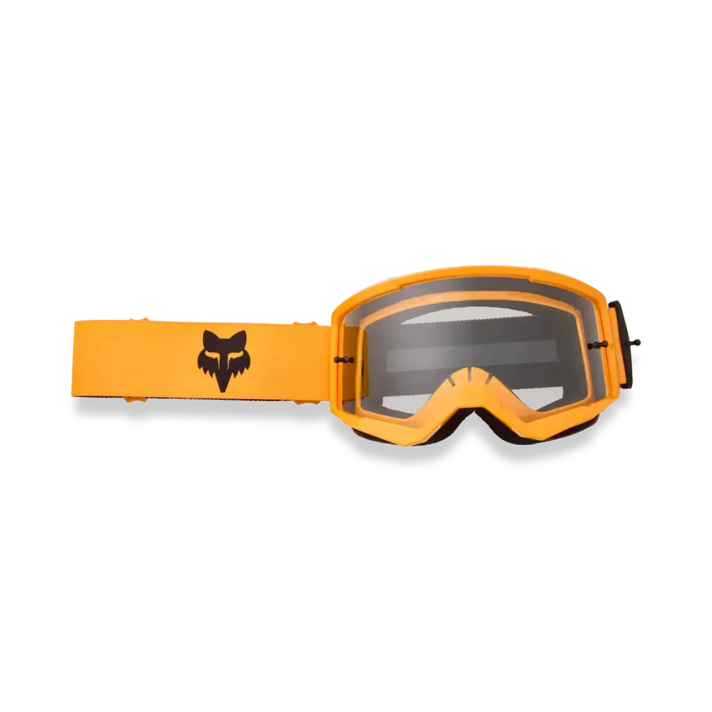Orange Schutzbrille für Motocross mit schwarzem Logo auf dem Brillenband