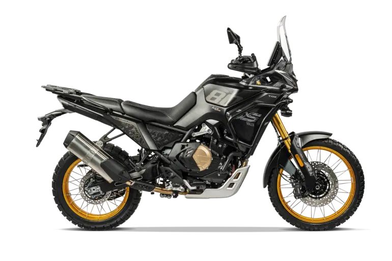 VOGE DS800X RALLY Motorrad, schwarze Enduro mit goldenen Felgen in Seitenansicht