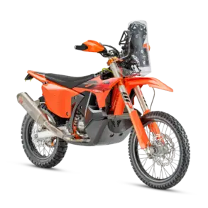 KTM 450 RALLY REPLICA 2027 in Seitenansicht, Rallye-Motorrad mit Akrapovič-Auspuff und Navigationsturm.