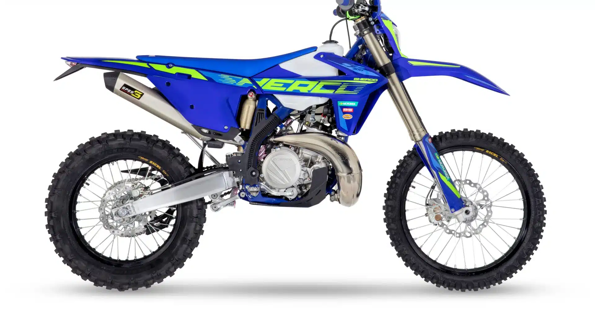 Sherco 300 SE FACTORY 2026 Enduro-Motorrad in Seitenansicht mit blauem Kunststoff-Kit und 2026er-Grafikdesign