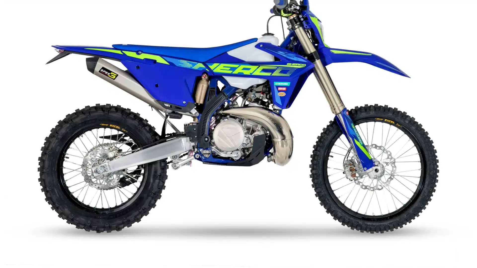 Sherco 250 SE FACTORY 2026 Enduro-Motorrad in blauer Farbgebung, Seitenansicht auf weißem Hintergrund.
