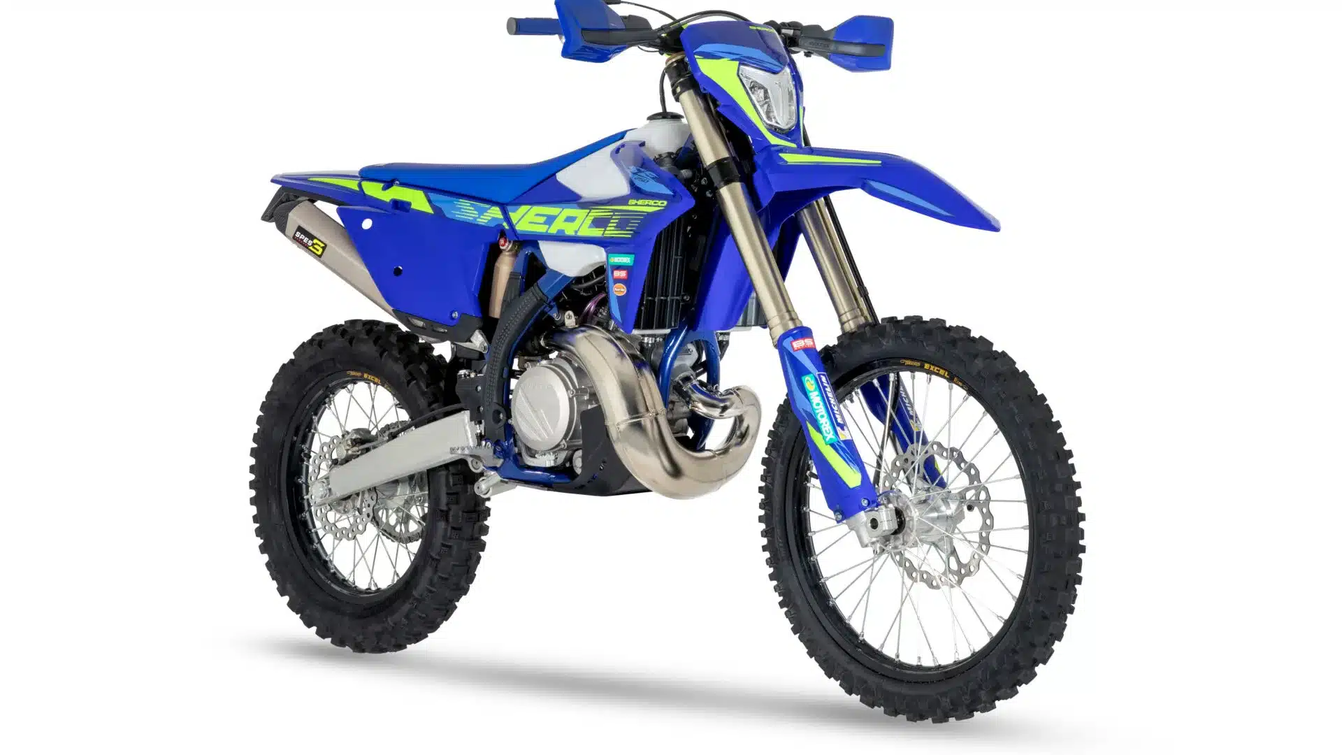 Sherco 250 SE FACTORY 2026 Enduro-Motorrad in Blau, Seitenansicht auf weißem Hintergrund