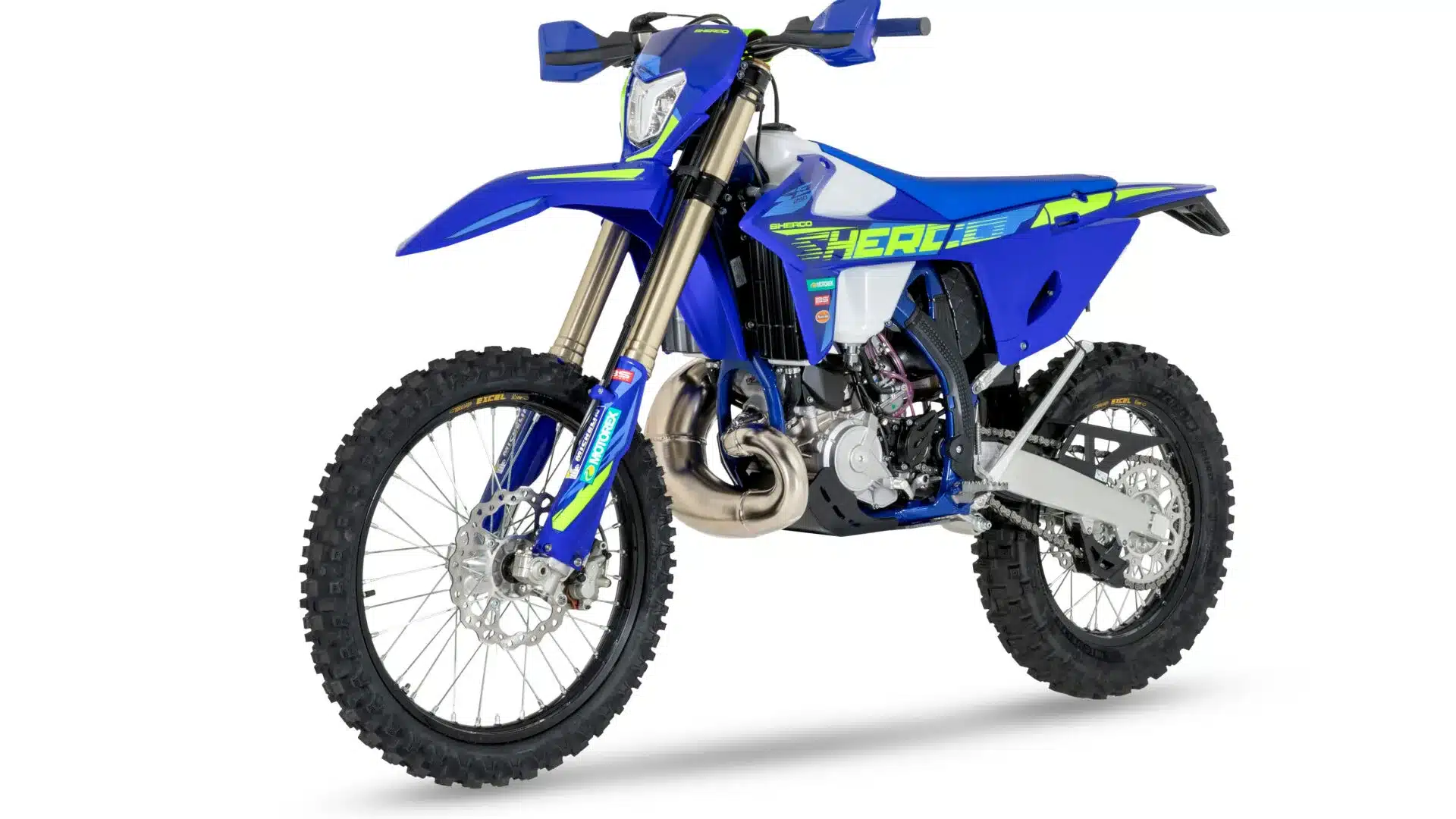 Sherco 250 SE FACTORY 2026 in Blau, Seitenansicht vor weißem Hintergrund, Offroad-Bereifung und moderner Look