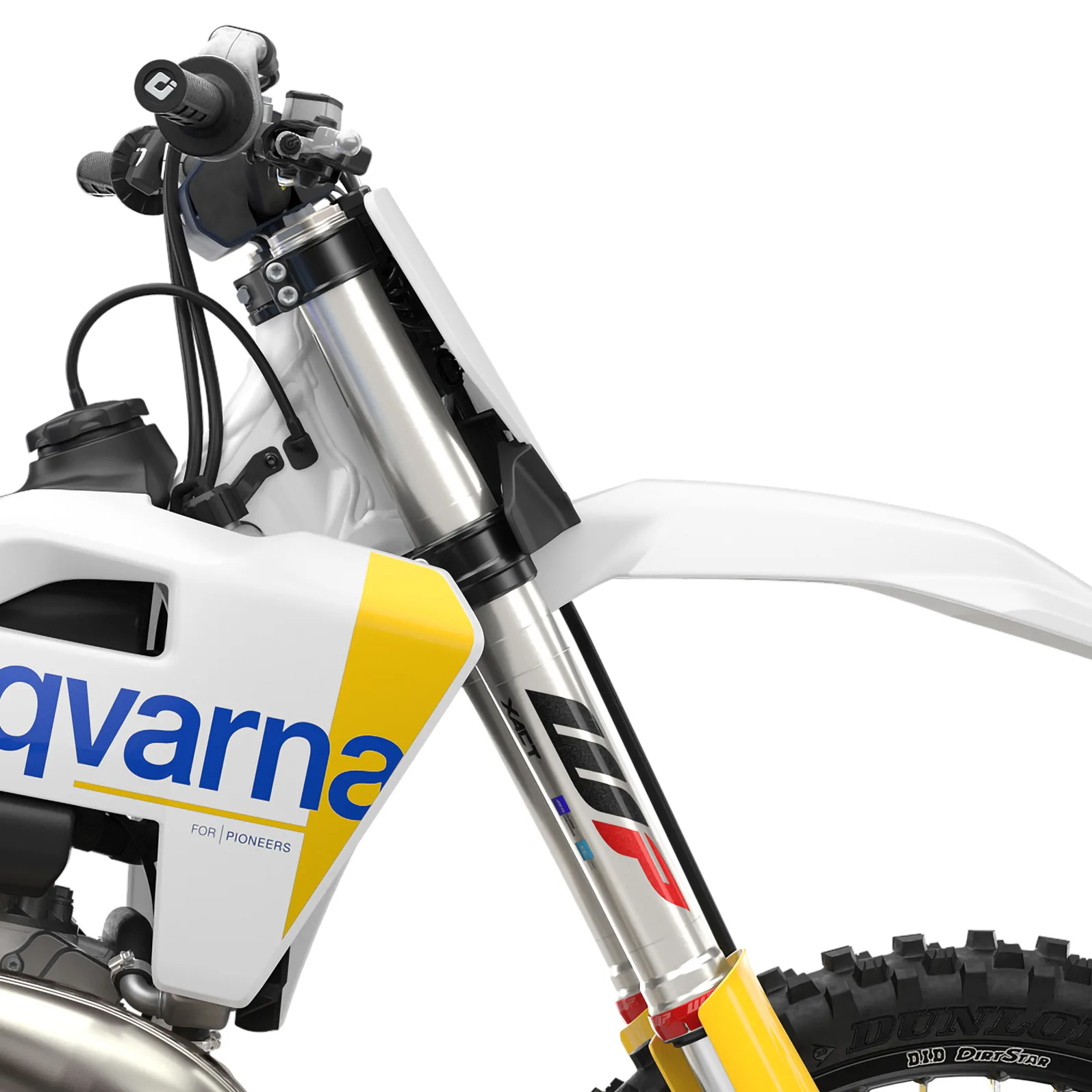 WP XACT USD-Gabel und Vorderrad der Husqvarna TC 250 im Detail, seitliche Ansicht