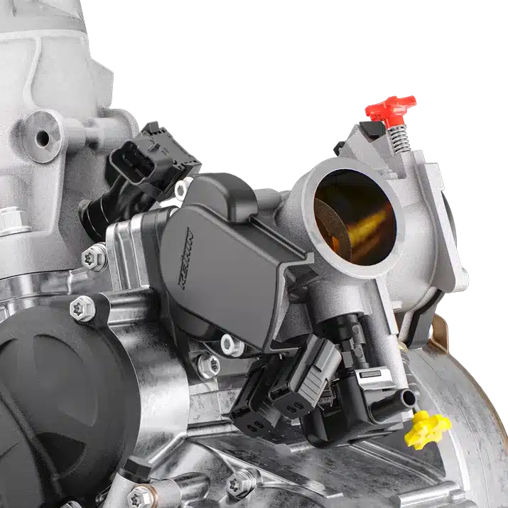 Detailansicht der elektronischen Kraftstoffeinspritzung an einem Zweitaktmotor der Husqvarna TC 250