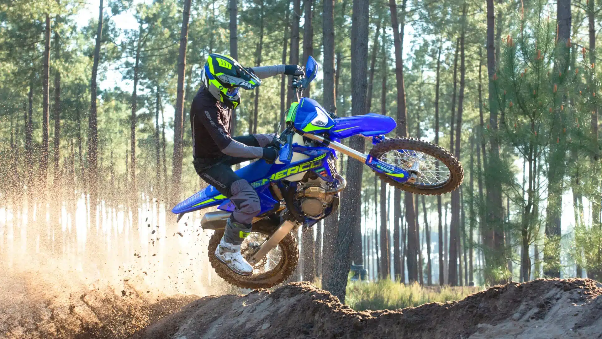 Actionaufnahme der Sherco 500 SEF Factory 2026 beim Enduro-Fahren im Wald.