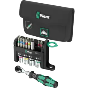 Wera 21-teiliges Motorrad-Werkzeugset mit Bit-Ratsche, farbcodierten Bits, Steckschlüsseleinsätzen und robuster Tasche.