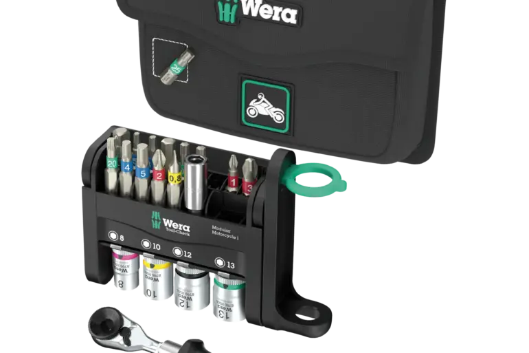 Wera 21-teiliges Motorrad-Werkzeugset mit Bit-Ratsche, farbcodierten Bits, Steckschlüsseleinsätzen und robuster Tasche.