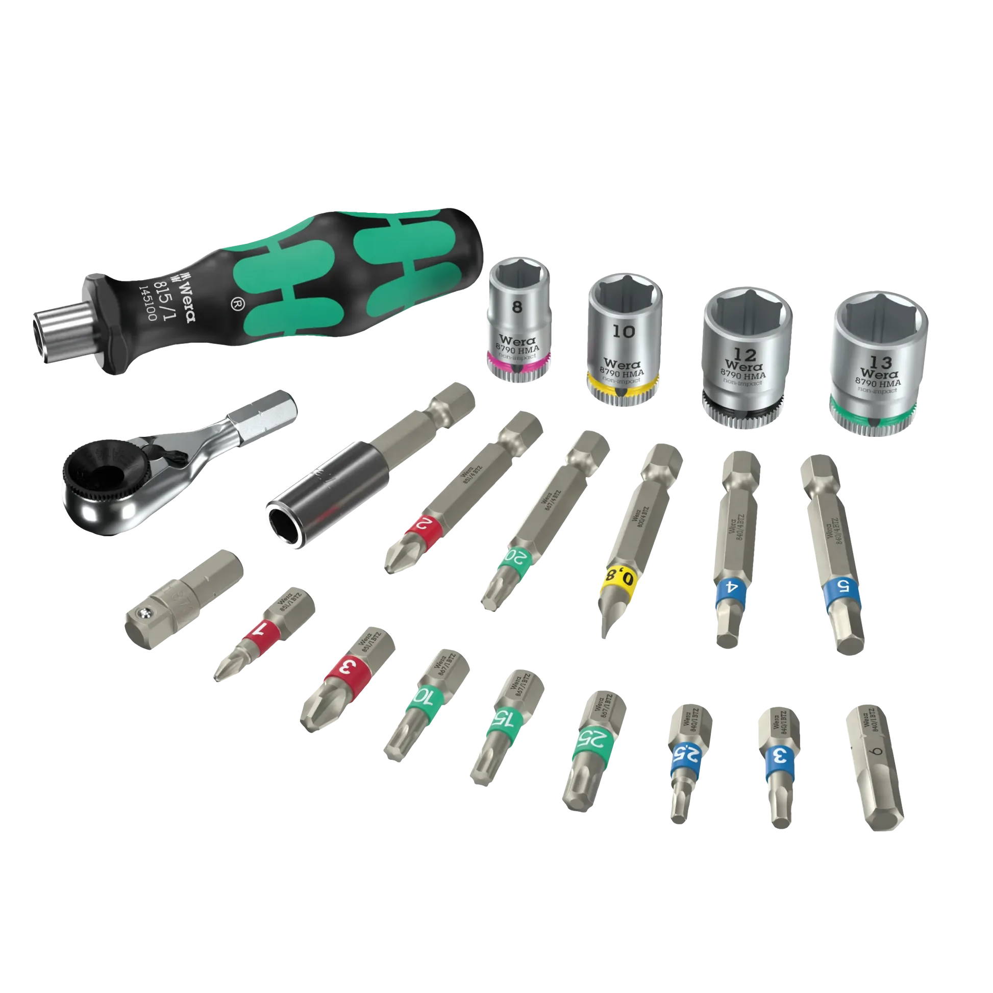 Motorrad-Werkzeugset mit Ratsche, Kraftform-Griff und farbcodierten Bits, ideal für Reparaturen unterwegs.