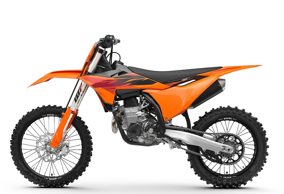 Seitenansicht der 2027 KTM 450 SX-F, einem modernen Motocross-Motorrad in Orange-Schwarz