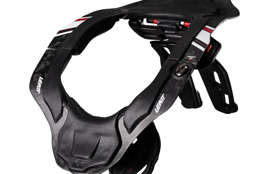 Leatt Neck Brace 6.5 in Schwarz aus Carbon mit weißen und roten Akzenten, Schutz für die Halswirbelsäule