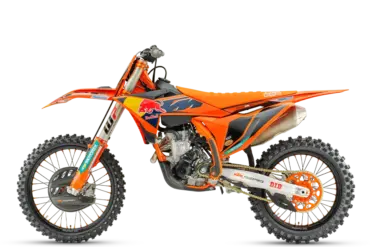 KTM 250 SX-F Factory Edition 2026 Motocross-Motorrad, Seitenprofil, Orange mit blauen Akzenten, komplett ausgestattet.