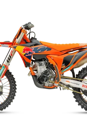 KTM 250 SX-F Factory Edition 2026 Motocross-Motorrad, Seitenprofil, Orange mit blauen Akzenten, komplett ausgestattet.