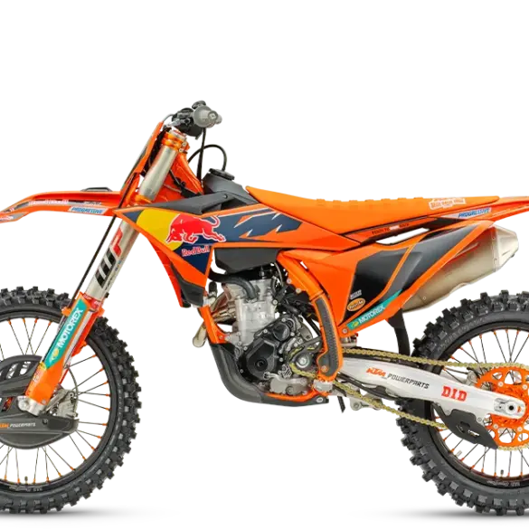 KTM 250 SX-F Factory Edition 2026 Motocross-Motorrad, Seitenprofil, Orange mit blauen Akzenten, komplett ausgestattet.
