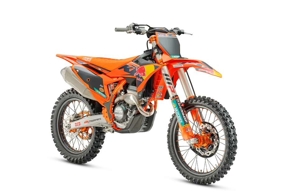 KTM 250 SX-F Factory Edition 2026 im Factory-Look mit orange-blauem Dekor und Profi-Komponenten.