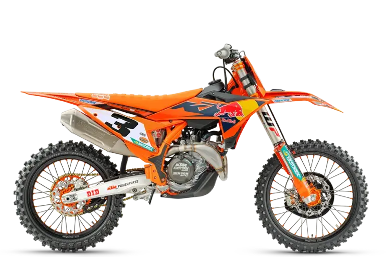 Seitenansicht der 2026 KTM 450 SX-F Factory Edition mit Red-Bull-Grafik und Rennkomponenten.