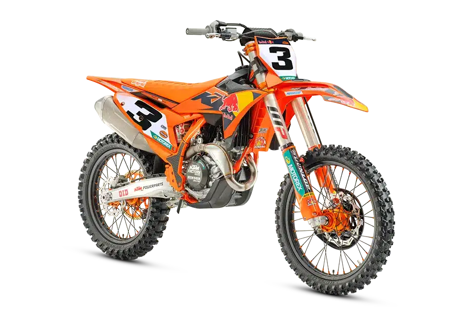 KTM 450 SX-F Factory Edition 2026 von links, orangene Lackierung, Startnummer 3, WP XACT PRO Fahrwerk