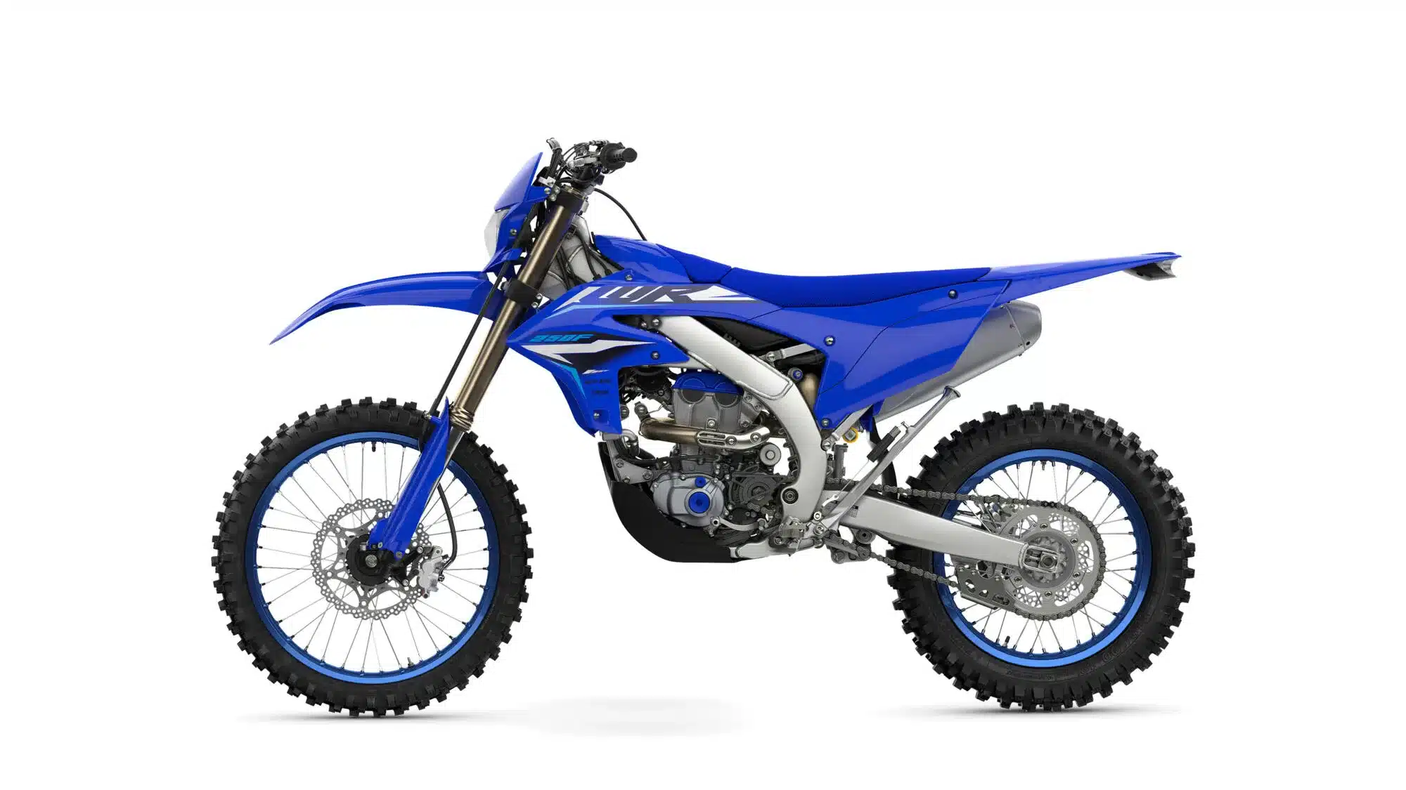 Yamaha WR250F 2026 Enduro-Motorrad in Blau, Seitenansicht auf weißem Hintergrund.