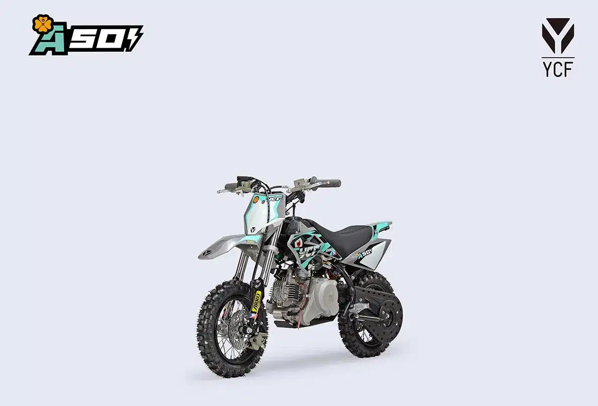 YCF 50AE 2026 Kindermotorrad vor hellem Hintergrund, seitliche Ansicht