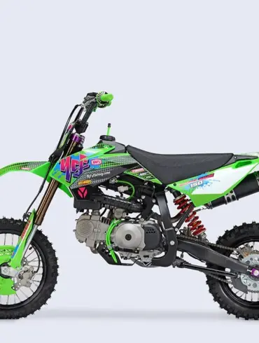 YCF Pilot 150 Limited Green Pitbike in auffälligem Grün mit farbigen Akzenten, Seitenansicht auf hellem Hintergrund.