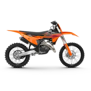 Seitenansicht einer 2027 KTM 125 SX in Orange-Rot, voll ausgestattetes Motocross-Motorrad.