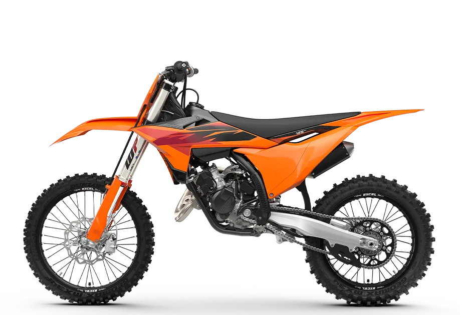 KTM 125 SX 2027 Motocross-Motorrad in Seitenansicht mit orangefarbenem Bodywork.