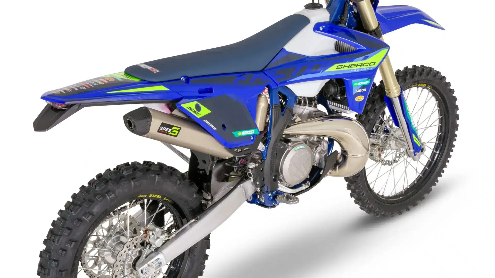 Sherco 250 SE Factory 2027 in Seitenansicht, modernes Enduro-Motorrad mit blau-gelber Lackierung