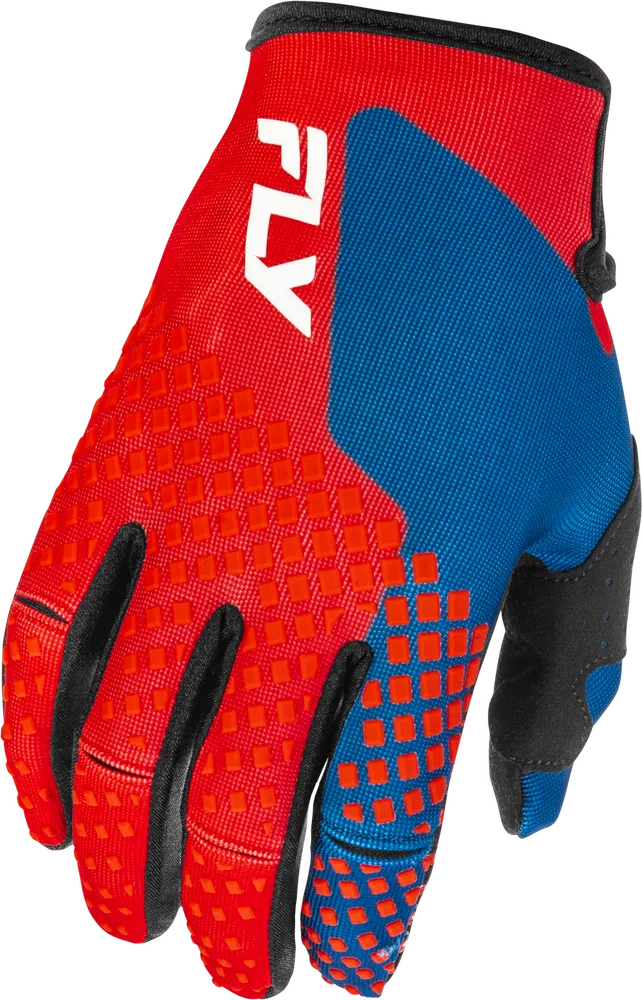 Kinetic Gloves von Fly Racing in Rot und Blau, Handschuhoberseite mit Silikon-Grip und Soft-Flex-Logo