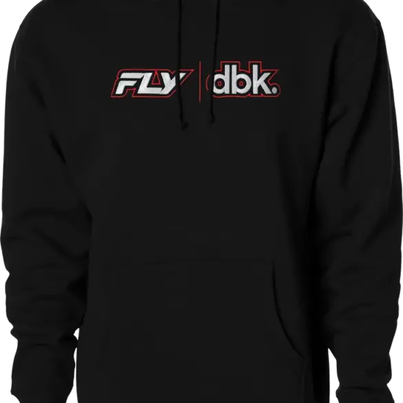 Schwarzer FLY DBK Hoodie mit auffälligem Frontlogo, freigestellt.