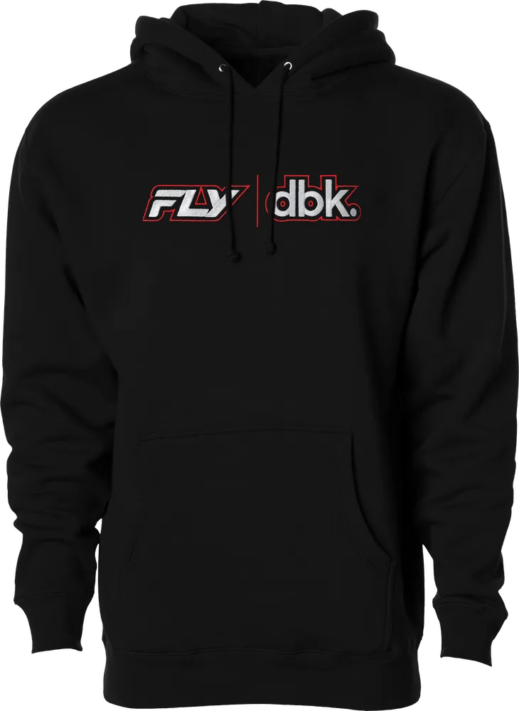 Schwarzer FLY DBK Hoodie mit auffälligem Frontlogo, freigestellt.