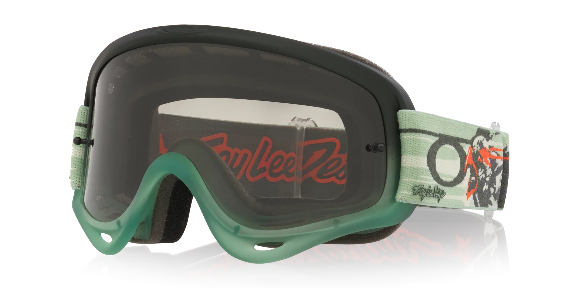 Motocross-Goggle Oakley O-Frame MX Troy Lee Designs, grüner Rahmen, schwarzes Glas, Troy-Lee-Designs-Logo am Band