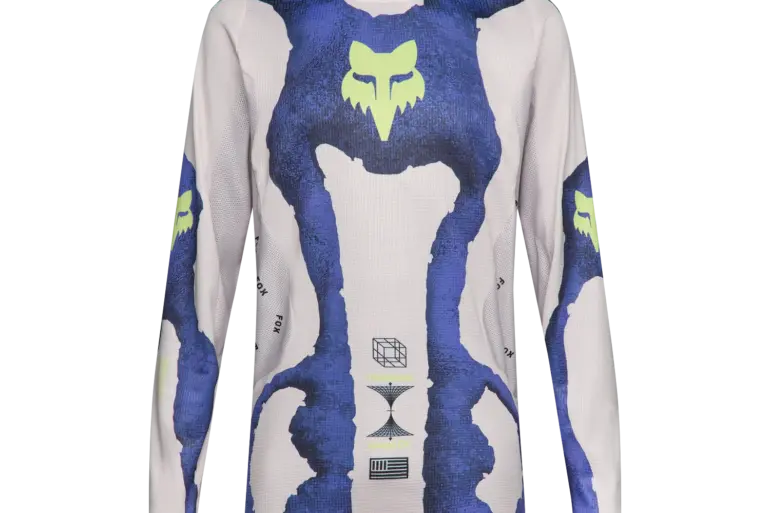 Fox 180 Awareness Limited Edition Trikot in Kreideweiß mit auffälligem blauem Muster und Fox-Logo, Vorderansicht
