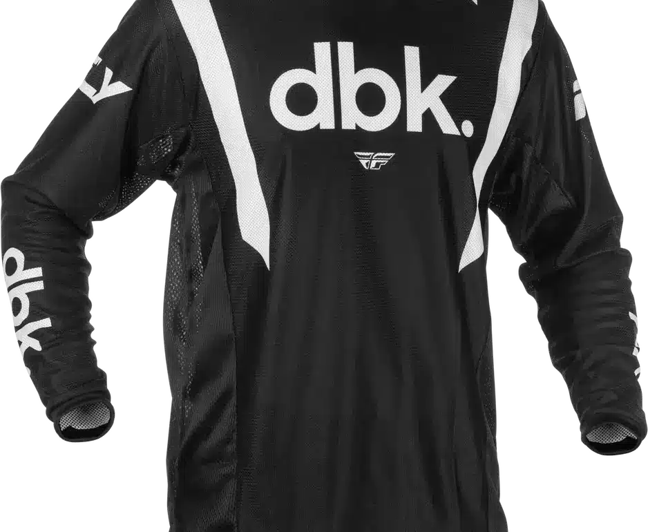 Schwarzes Kinetic Mesh DBK Jersey mit weißen Akzenten und dbk-Logo, ideal für heiße Bedingungen beim Motocross.