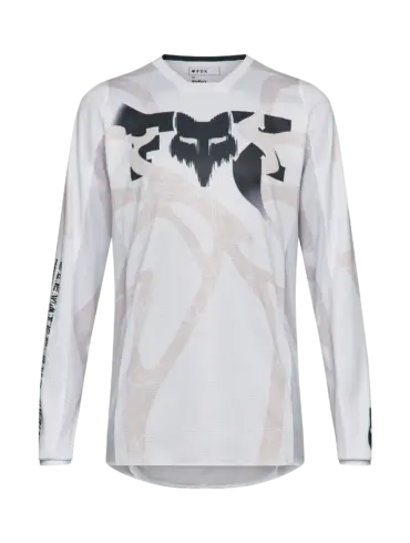 Weißes Fox Diffuse Special Edition Motocross Trikot mit schwarzen und grauen Grafiken, Mesh-Einsätzen und verlängertem Rücken.