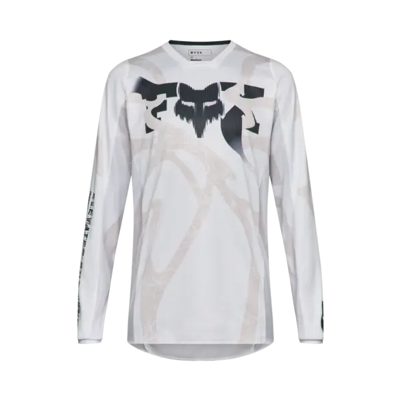 Weißes Fox Diffuse Special Edition Motocross Trikot mit schwarzen und grauen Grafiken, Mesh-Einsätzen und verlängertem Rücken.