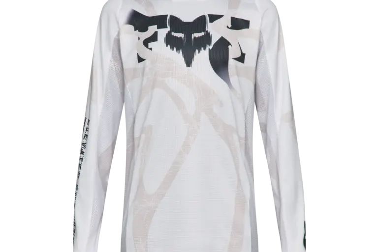 Weißes Fox Diffuse Special Edition Motocross Trikot mit schwarzen und grauen Grafiken, Mesh-Einsätzen und verlängertem Rücken.