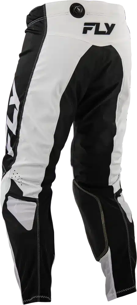 Kinetic Mesh Offroad-Hose von FLY Racing, weiß-schwarze Farbvariante, Rückansicht mit verstellbarem Bund.