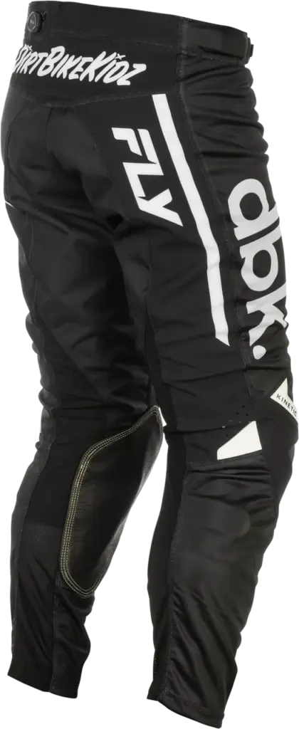 Rückansicht der Fly Racing Kinetic Mesh DBK Offroad-Hose in Schwarz mit weißen Logos und Leder-Heatshield.