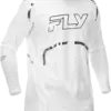 Weißes FLY Racing Evolution DST LE Flash Jersey mit silbernen Akzenten und Belüftungselementen.
